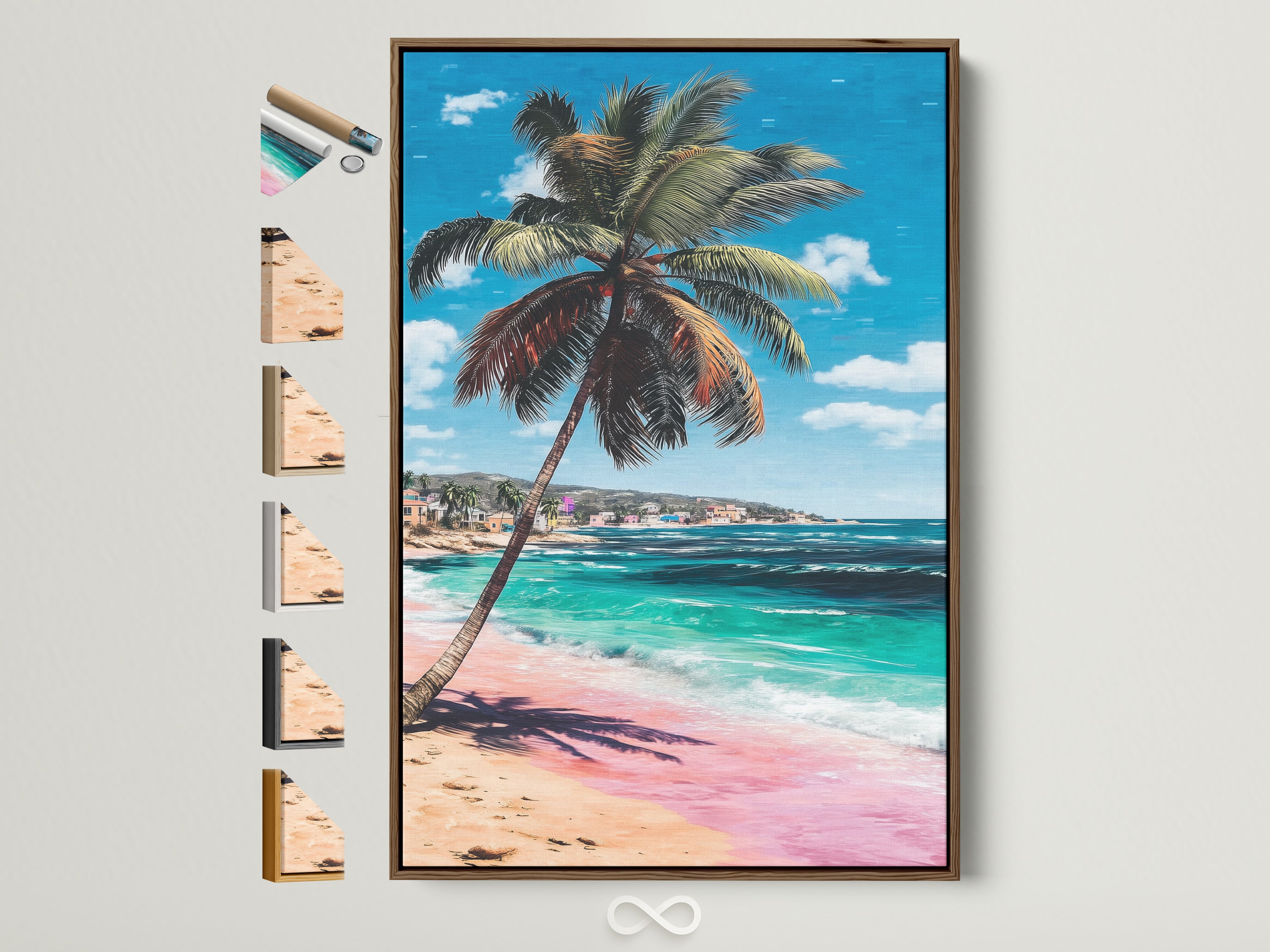 Tropical beach canvas art in a brown frame. The artwork features a palm tree turquoise ocean and pink sand. This coastal artwork brings summer vibes to any room Available in various frame options.