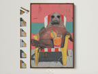 Displayed is the Walrus Wall Art Print in a brown frame. You can see all frame options displayed on the side. This quirky animal canvas art brings retro summer vibes. It's perfect beach house decor. The art features coral pink and teal wall decor. Ideal for adding coastal charm to any space.