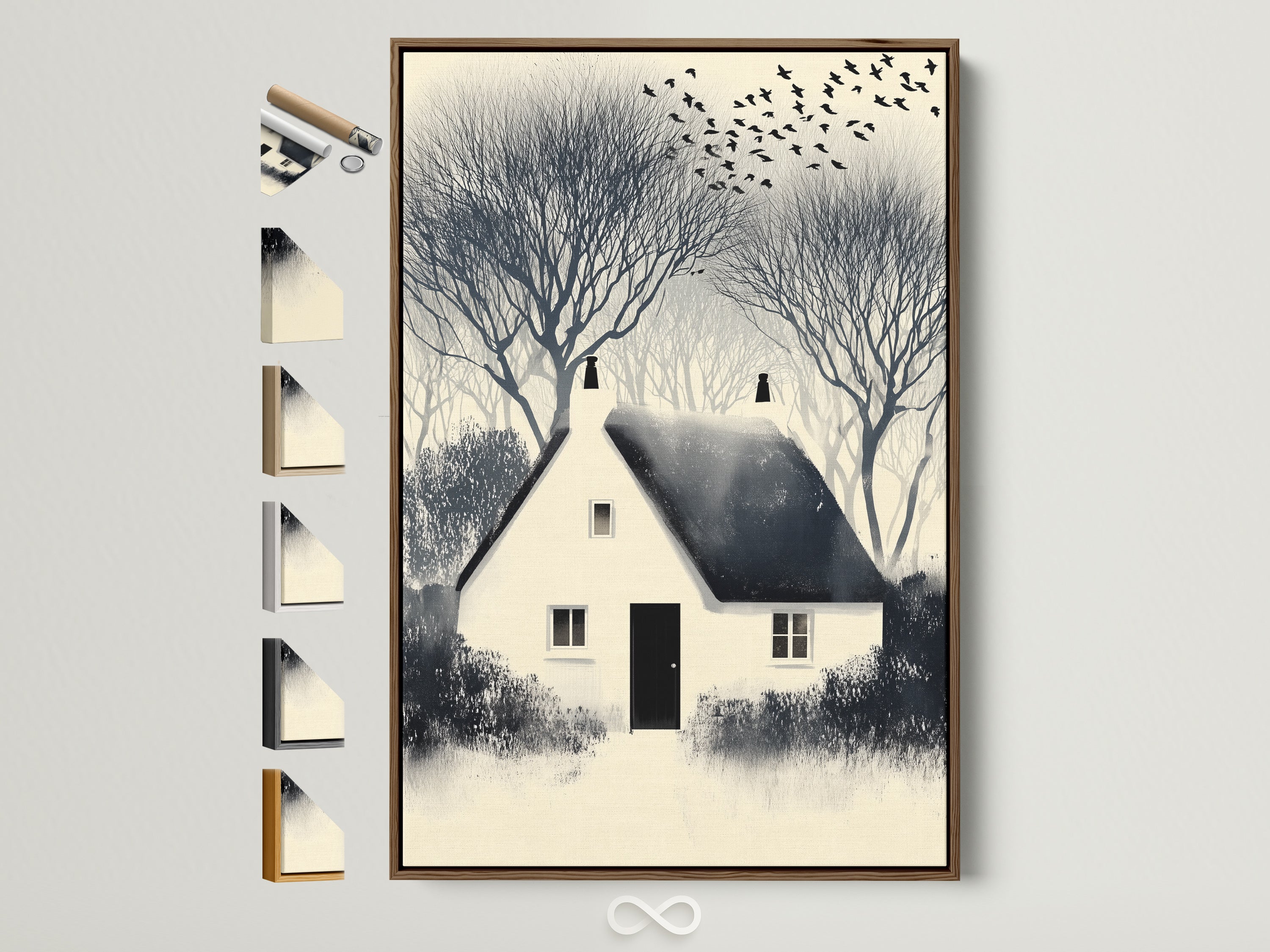 Winter Cottage artwork print with a brown frame. All frame options are displayed on the side. This neutral tone farmhouse wall decor brings a countryside landscape to a study room. See available frame colors.