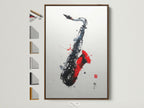 Explore saxophone wall art with a brown frame. See all frame options available. This jazz music canvas print features abstract instrument art. Perfect for music room decor. A modern red and black art piece to elevate any space.