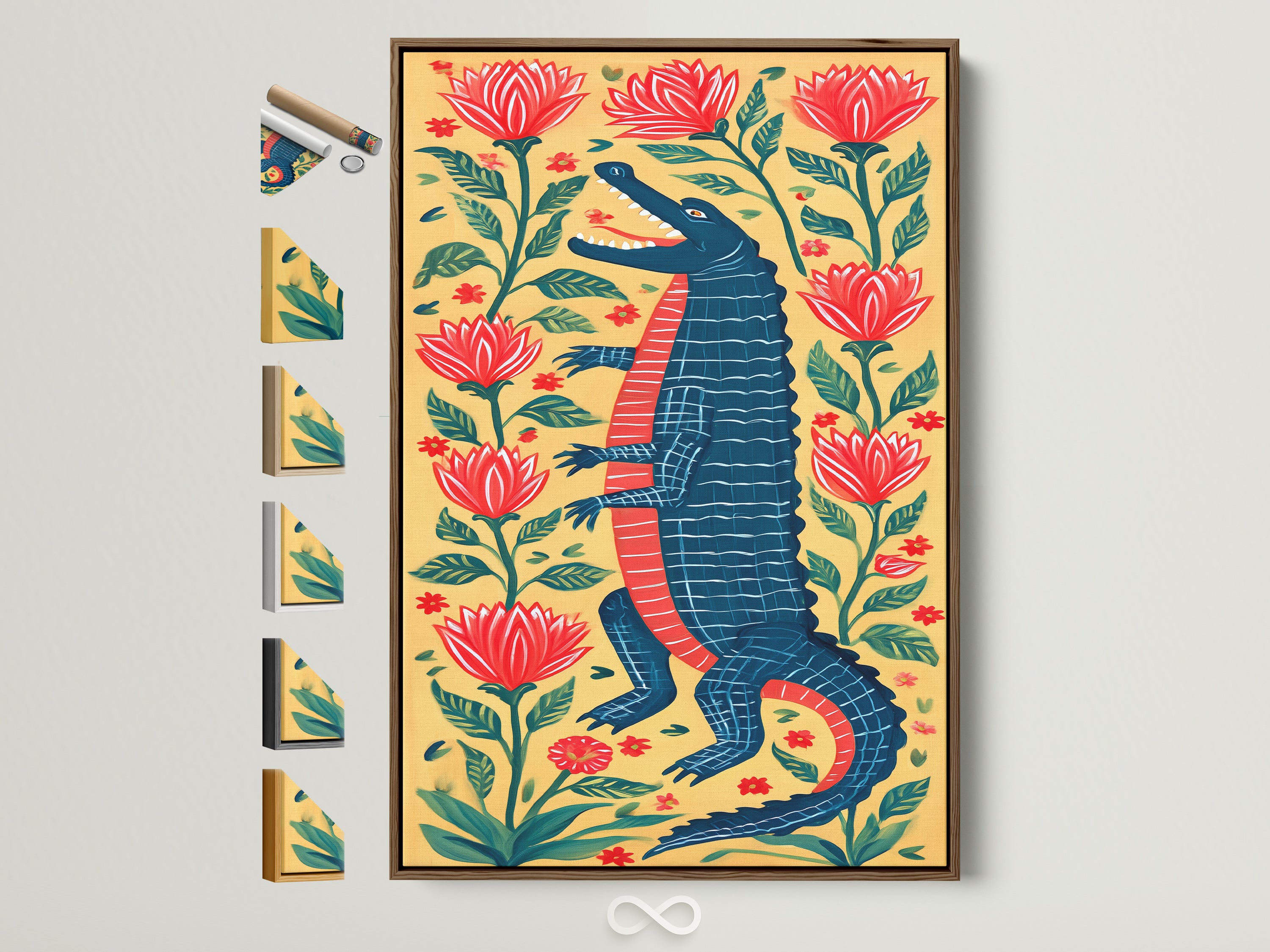 Framed alligator artwork with botanical elements. The print features a standing alligator surrounded by red flowers and green foliage. It has a light brown frame. See frame options available on the side.