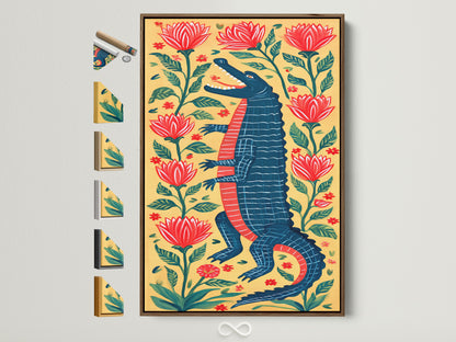 Framed alligator artwork with botanical elements. The print features a standing alligator surrounded by red flowers and green foliage. It has a light brown frame. See frame options available on the side.