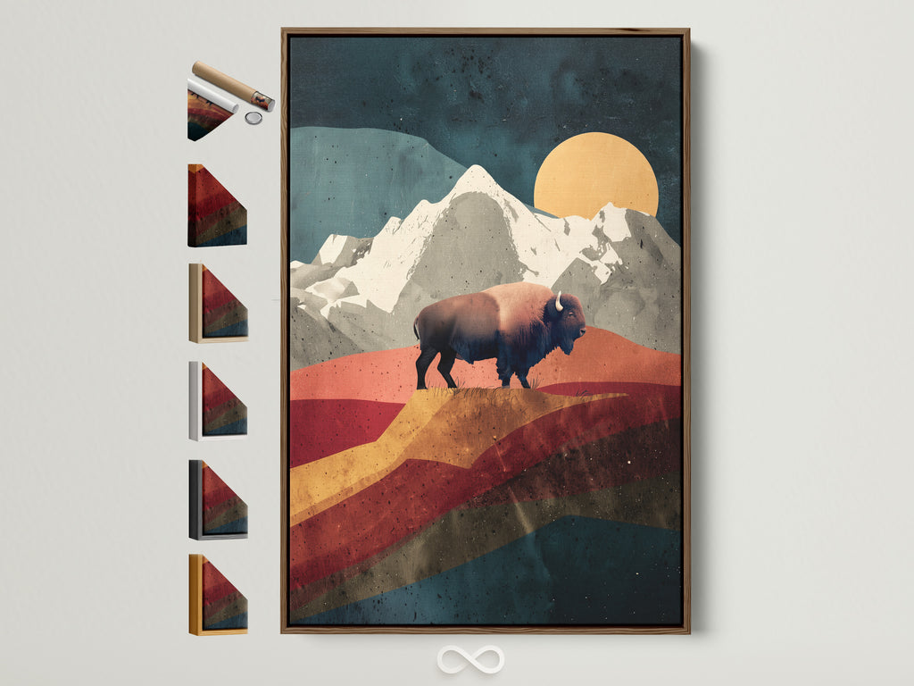 Artwork of a buffalo in a mountain landscape is displayed in a brown frame. This art piece adds a touch of nature to any room. See available frame options on our website. Explore our selection of framed artwork today for your home or office decor. Perfect for adding a touch of wilderness.