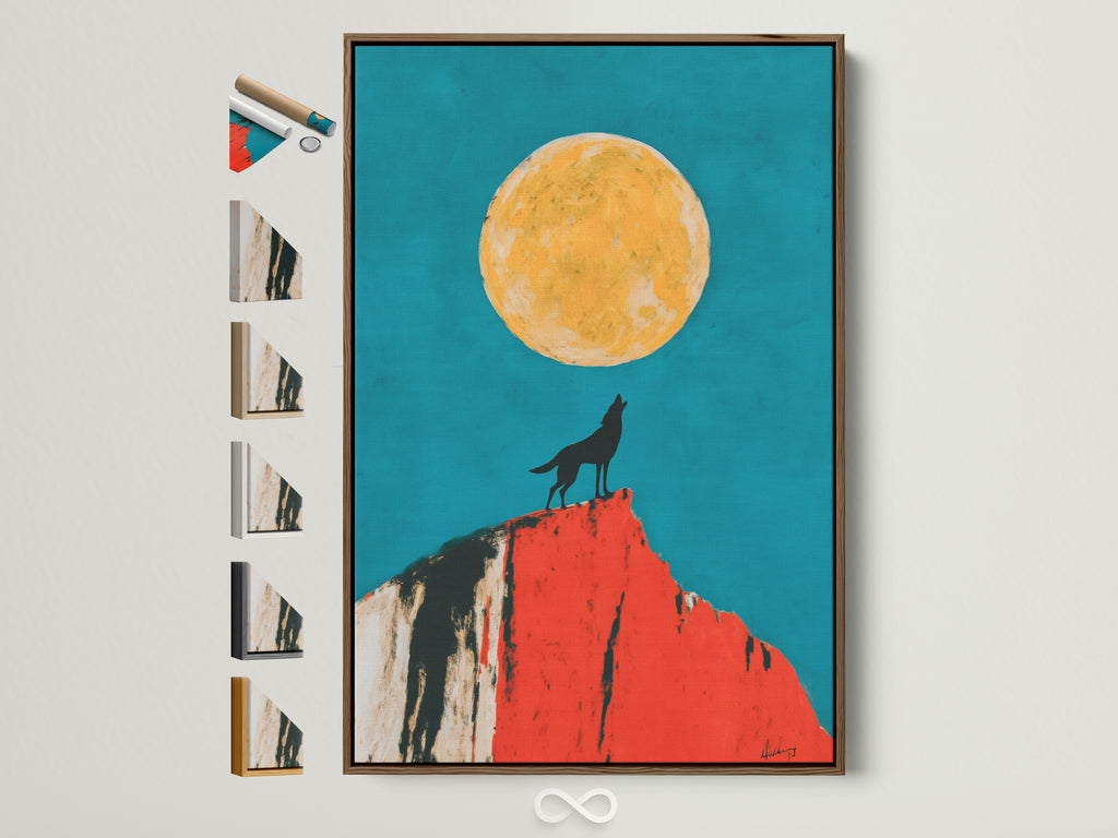 Wolf Moon artwork with a brown frame is displayed. Frame options are showcased on the side. It is a southwestern desert wall art piece. Teal and orange colors create a serene atmosphere. Perfect for adding a touch of wildlife to your bedroom wall decor.
