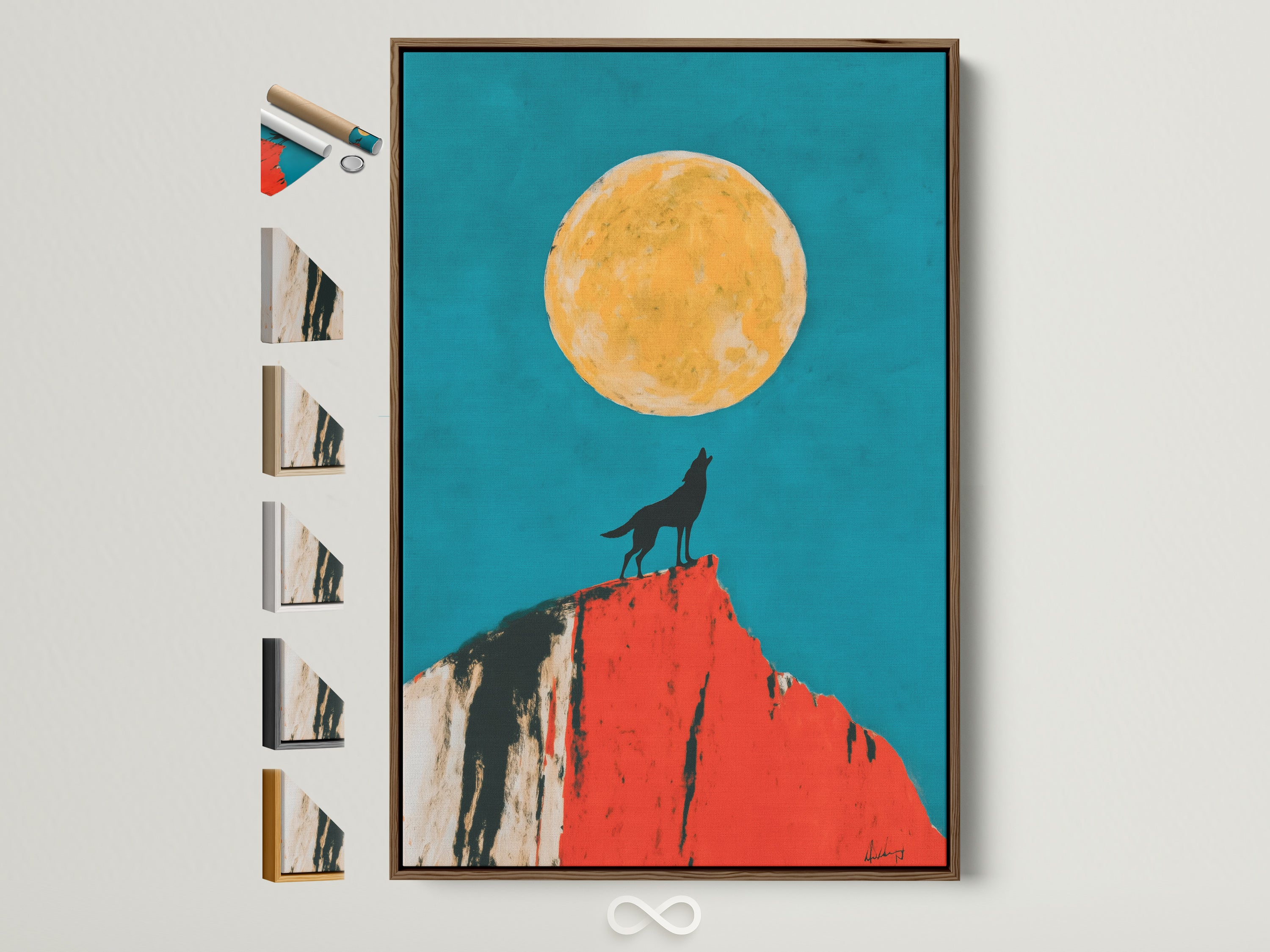 Wolf Moon artwork with a brown frame is displayed. Frame options are showcased on the side. It is a southwestern desert wall art piece. Teal and orange colors create a serene atmosphere. Perfect for adding a touch of wildlife to your bedroom wall decor.