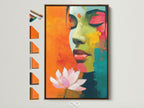 Explore our frame options. This brown frame enhances a vibrant abstract woman portrait art piece. It features a lotus flower. Discover how each frame complements the colorful wall art. Perfect for boho and eclectic decor styles.