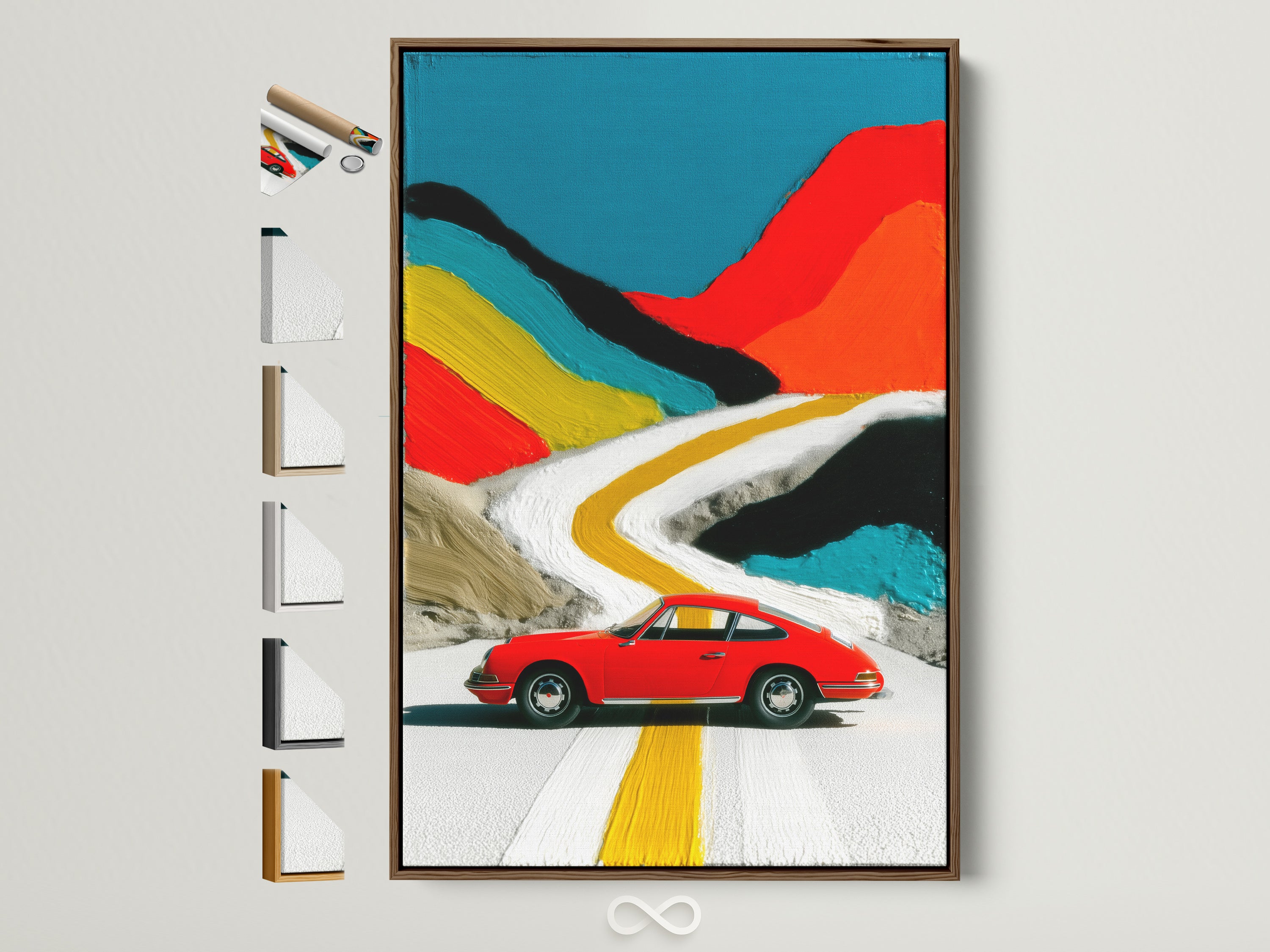 Explore vintage car art with a brown frame. See all frame options alongside a colorful abstract road print. Perfect modern wall art for minimalist or eclectic styles. Elevate your space today