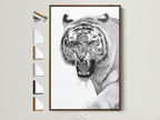 A fierce tiger artwork is displayed in a brown frame. The frame options are showcased on the side. This striking piece adds a bold statement to any room. It captures the raw power and beauty of wildlife. A perfect focal point for art lovers.