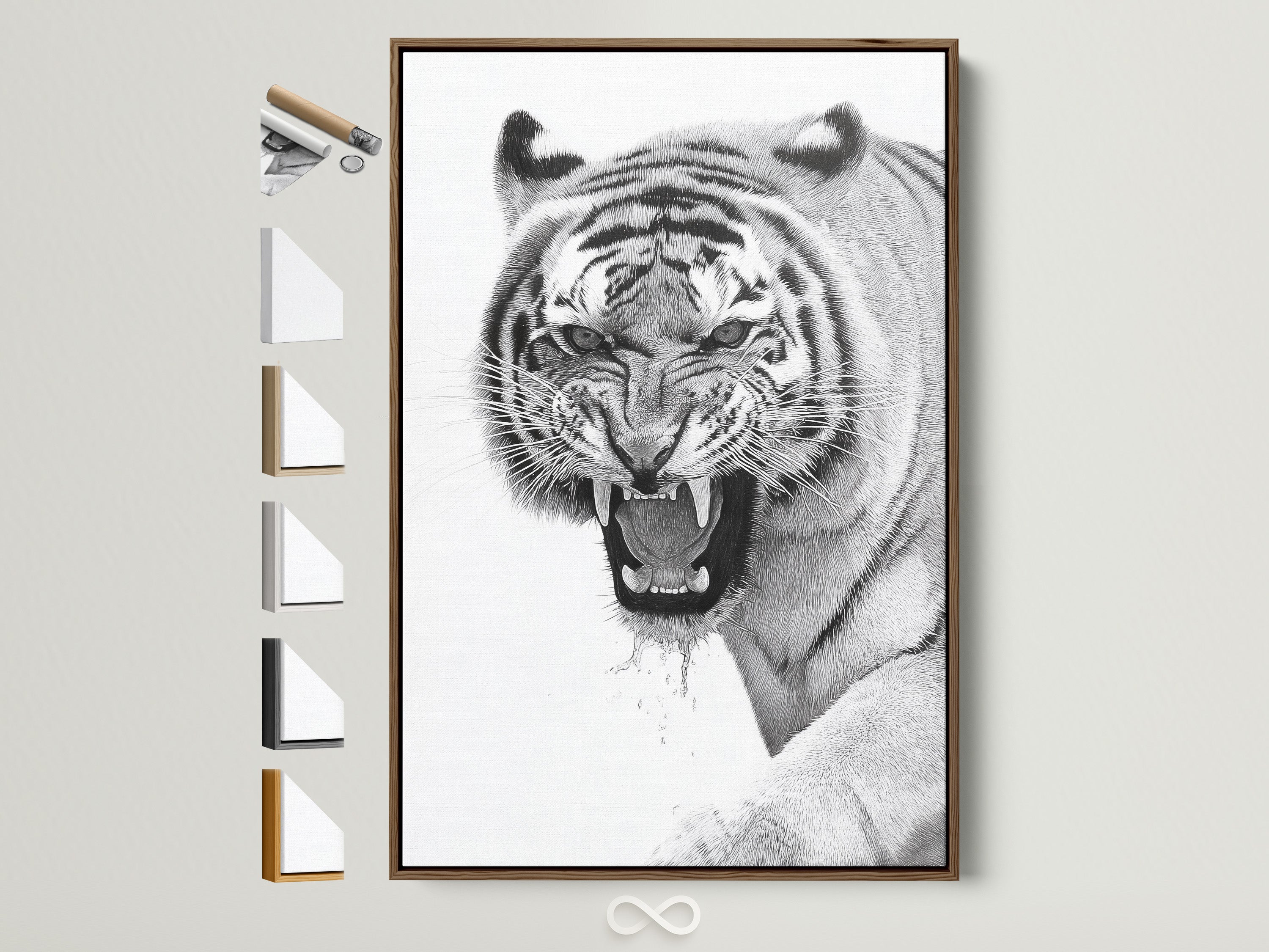 A fierce tiger artwork is displayed in a brown frame. The frame options are showcased on the side. This striking piece adds a bold statement to any room. It captures the raw power and beauty of wildlife. A perfect focal point for art lovers.