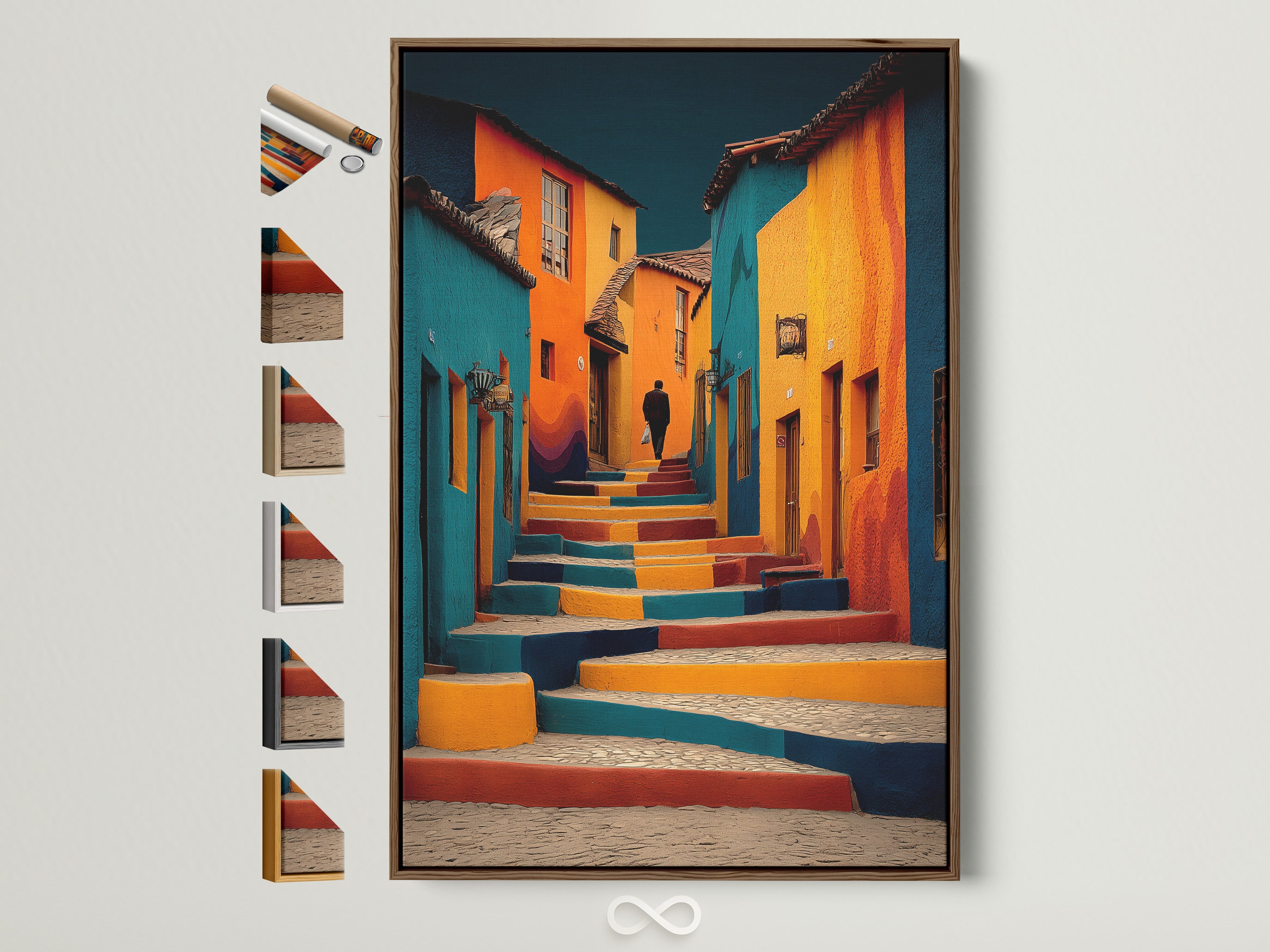Artwork featuring a vibrant street scene is displayed in a brown frame. The image shows colorful buildings and steps. This piece is one of the framed options available. Explore different frame styles to complement your artwork.