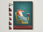 A brown frame displays whimsical fox art. This animal canvas art adds a mid-century modern touch to any home office. See all frame options available. It makes a great wine lover gift.