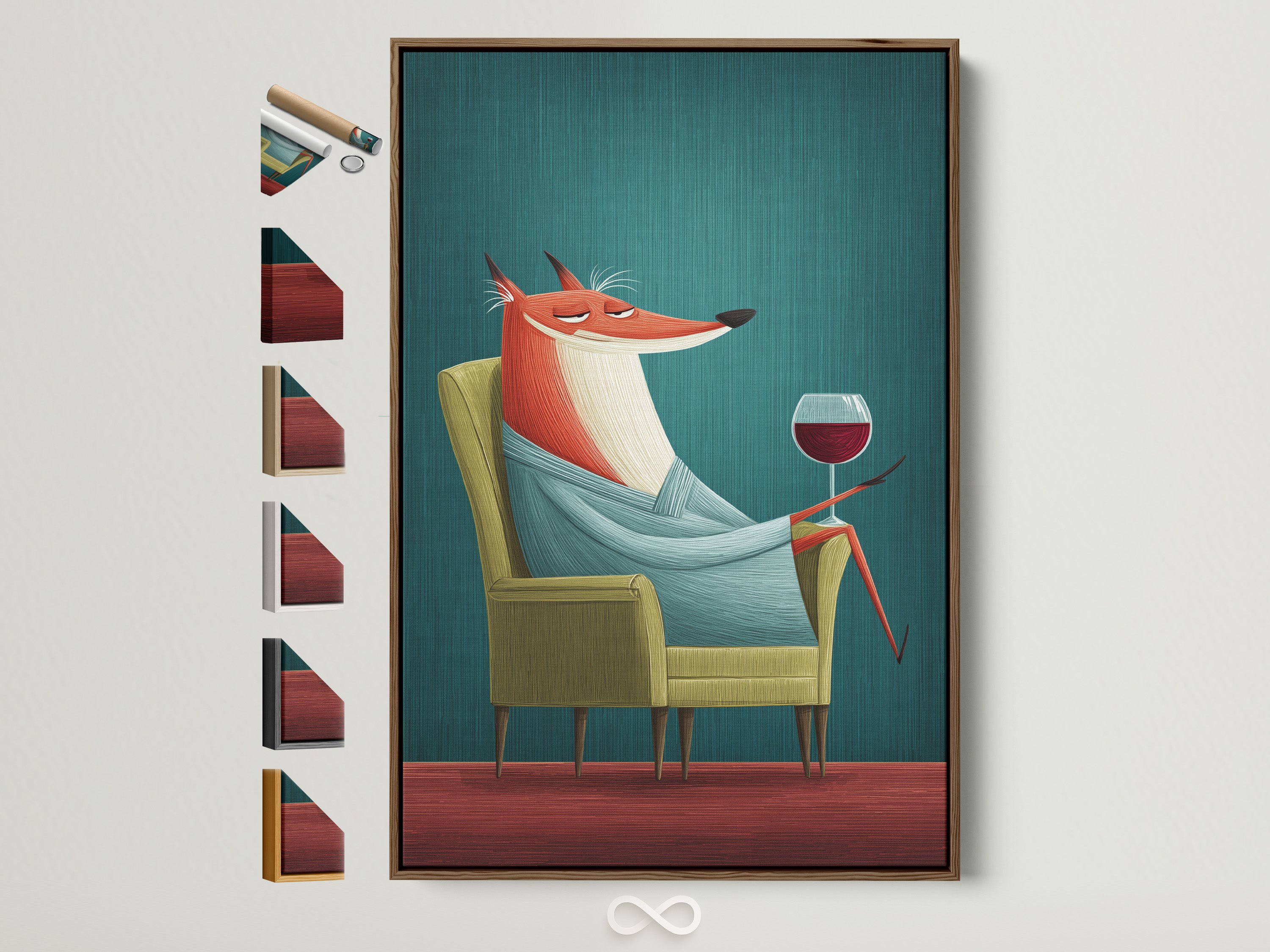 A brown frame displays whimsical fox art. This animal canvas art adds a mid-century modern touch to any home office. See all frame options available. It makes a great wine lover gift.