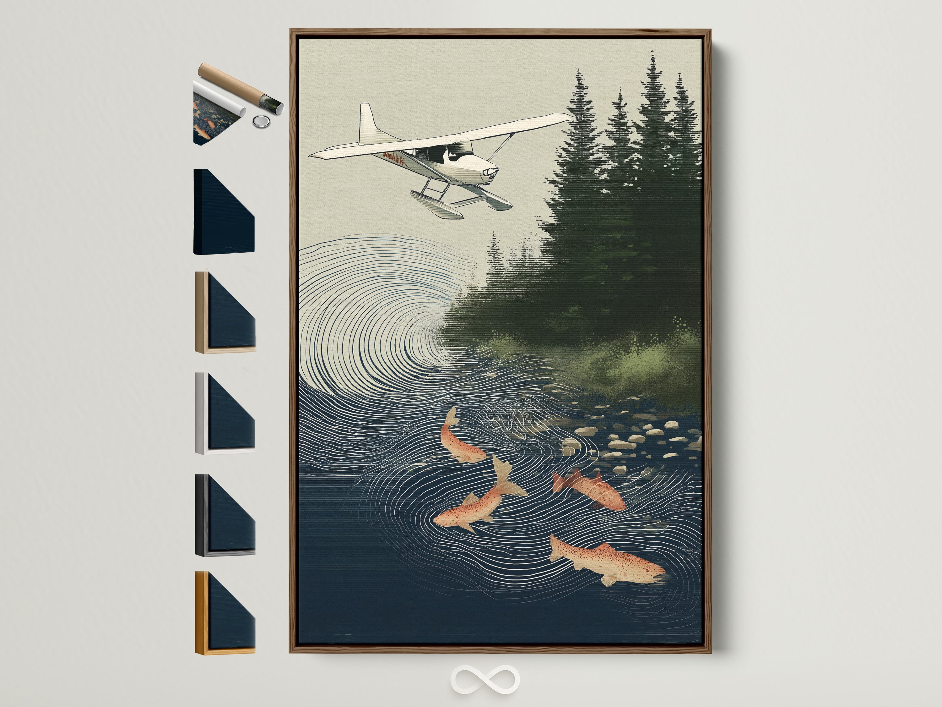 Brown frame showcases the Seaplane & Salmon artwork. All available frame options are displayed beside it. This vintage-style artwork is ideal for cabin decor. It is perfect for adding a rustic touch to any space. It is a great gift for fly fishing enthusiasts.