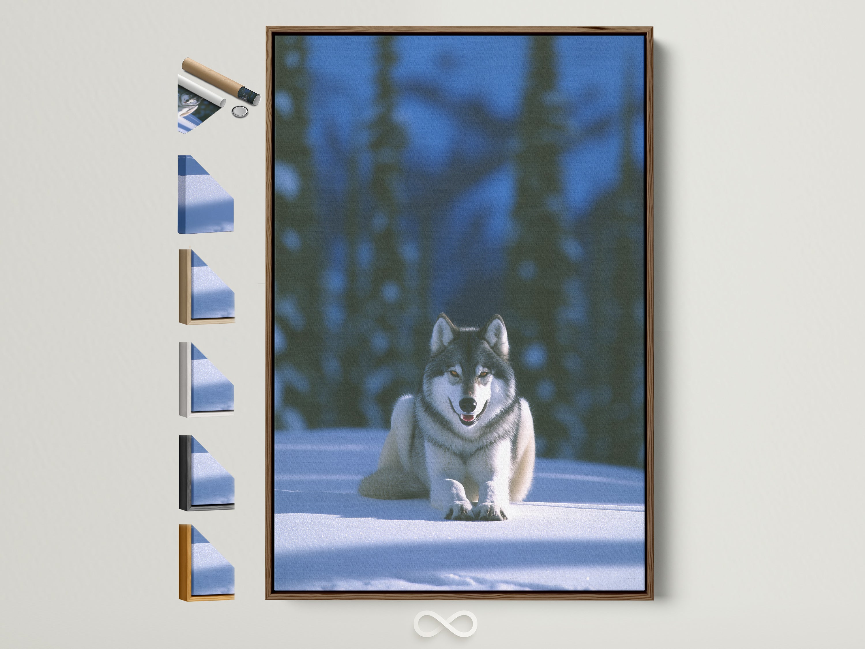 Wolf in Snow framed artwork with multiple frame options displayed. Brown frame adds warmth to the Arctic animal wall art. Discover winter landscape artwork for cabin decor. Perfect art to enhance your living space.