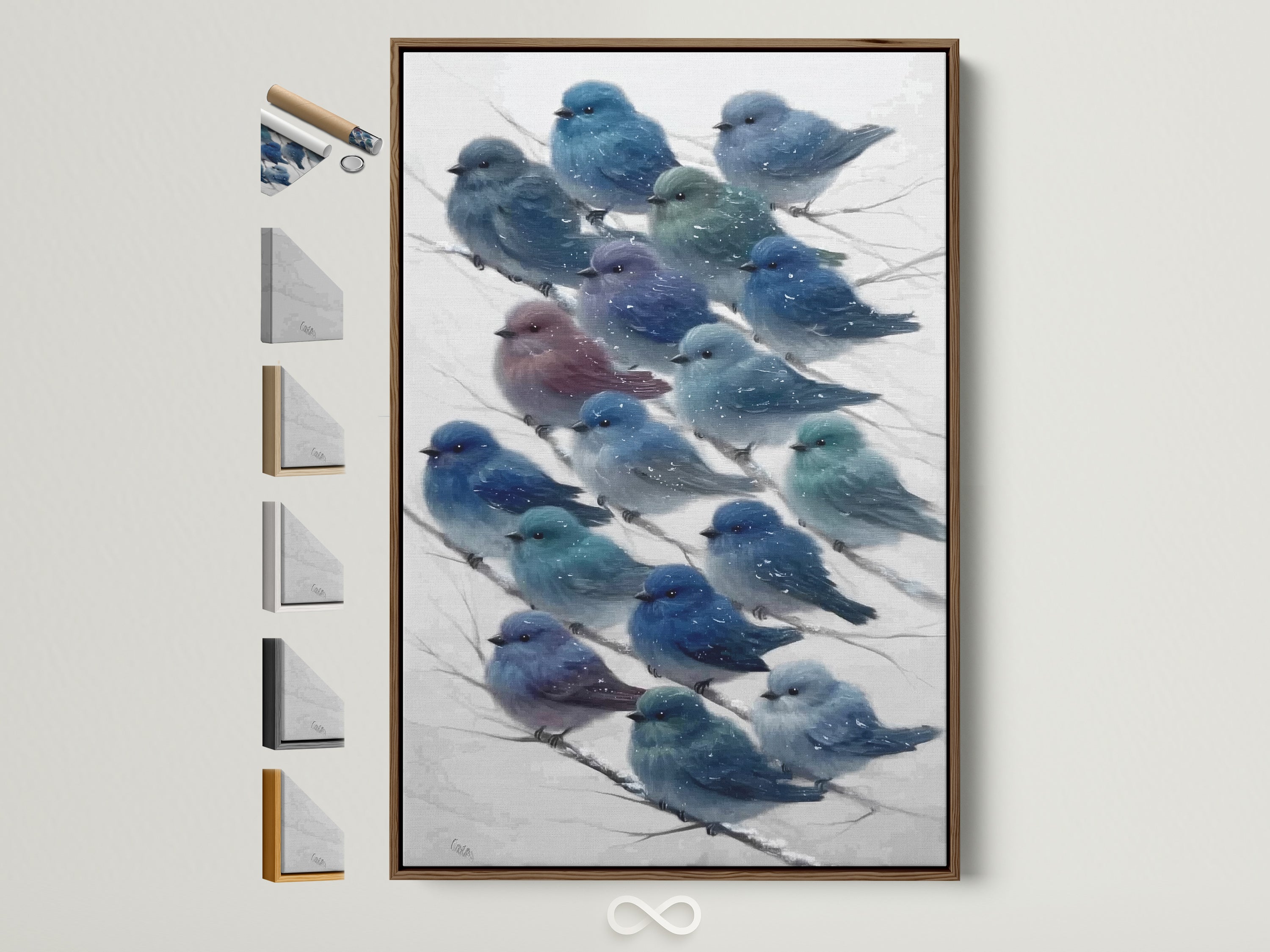 A bluebird art canvas print is displayed in a brown frame. All frame options are shown on the side. The artwork features winter birds and snowy details. It's ideal for nature lovers.