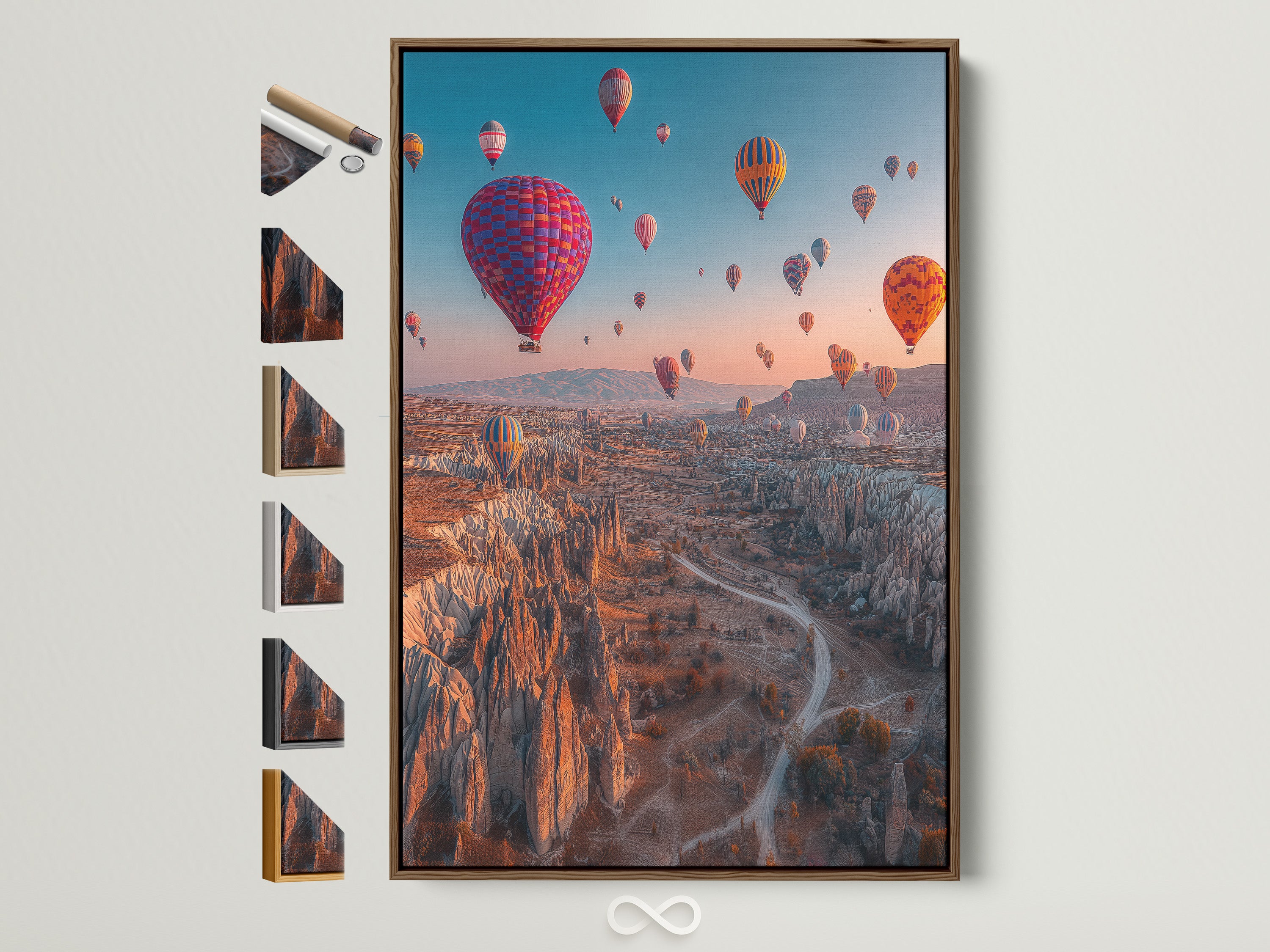Hot Air Balloon artwork with a brown frame. This Cappadocia landscape wall art brings adventure decor to any room. The frame is versatile. All frame options are displayed on the side for easy selection.