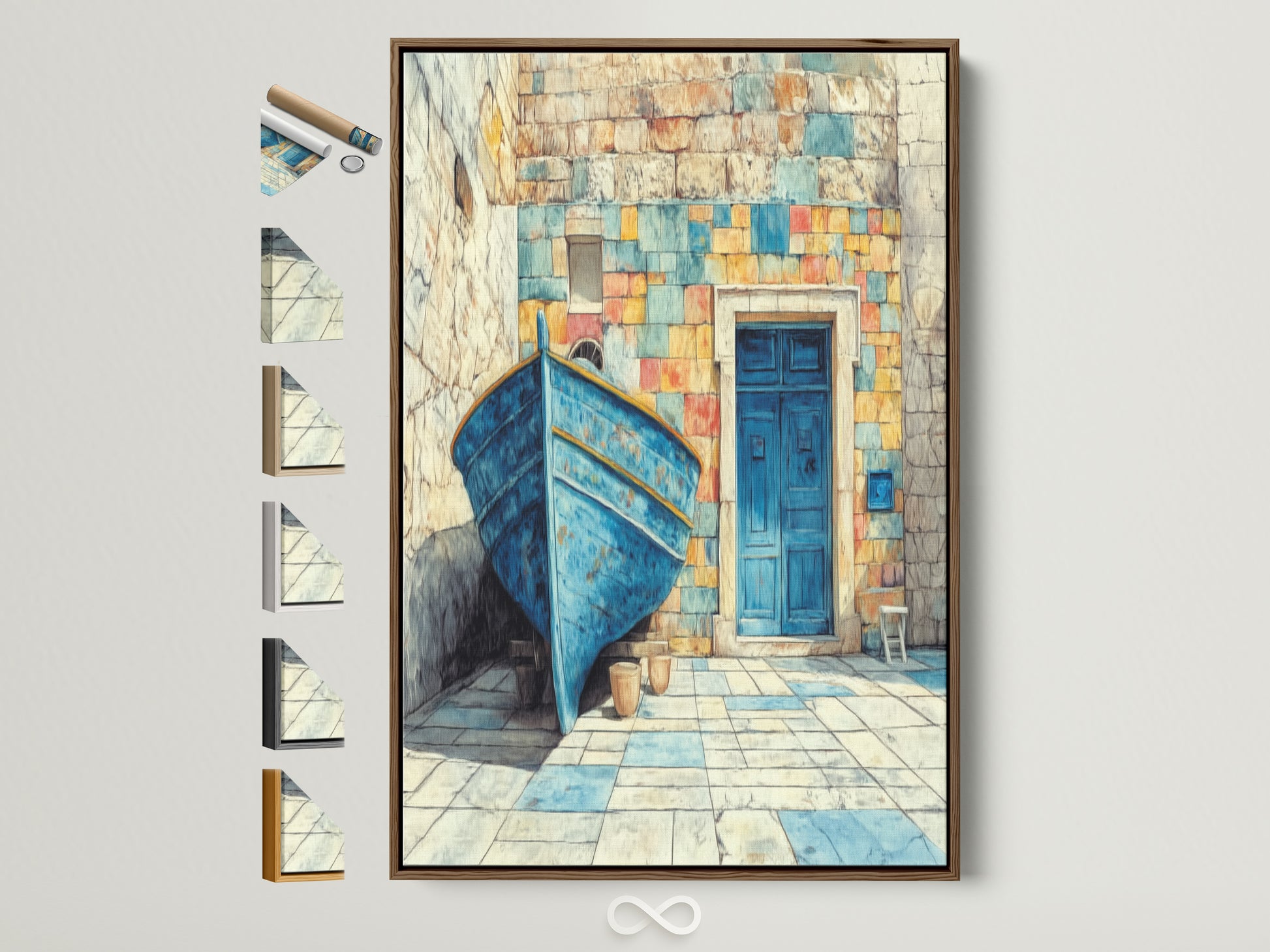 Mediterranean Wall Art with a Coastal Boat Canvas Print in a brown frame is displayed. See all available frame options for this turquoise blue artwork. Nautical decor for your entryway or living space. Perfect summer house art.