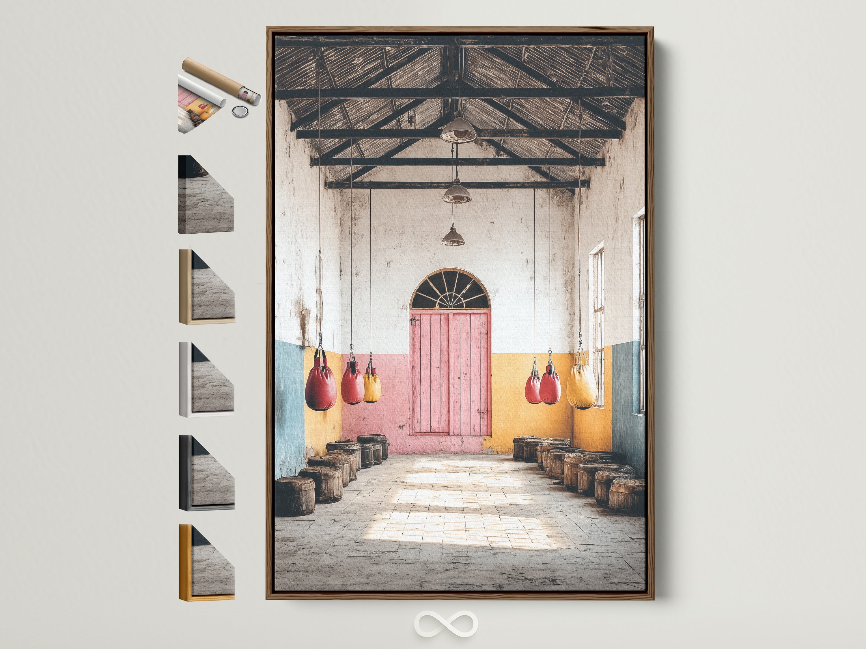 A vintage gym canvas print is displayed in a brown frame. All framing options are visible on the side. The artwork features distressed pastel colors. It is perfect sport decor for a man cave or gym artwork. The frame enhances the vintage sport print.