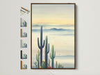 Cactus canvas print with a brown frame. This desert landscape wall art brings the Southwest into your home. The blue haze artwork adds a touch of arid beauty. This art is framed with various frame options displayed.