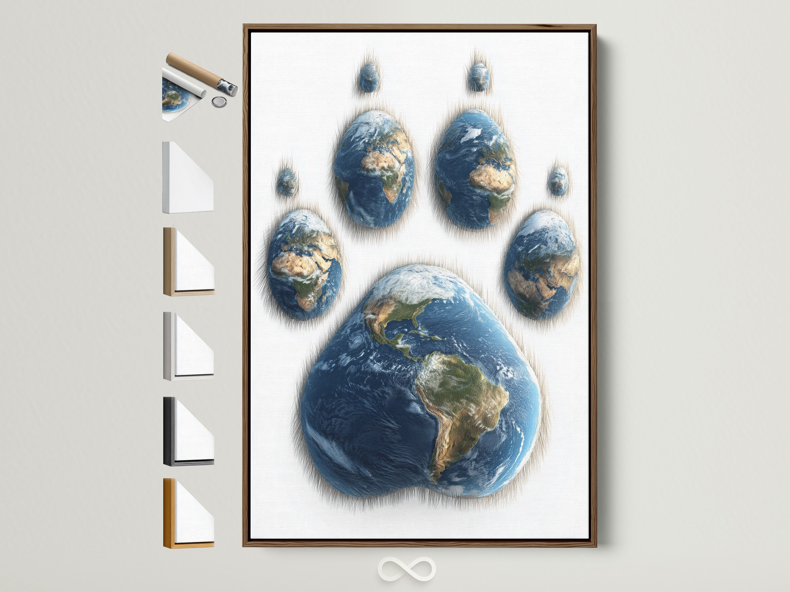 Brown frame displays artwork. See all frame options available. The art features a paw print made of Earths. This unique piece adds a touch of global awareness to any room. The brown frame offers a warm and natural aesthetic. Perfect for eco-conscious art lovers.