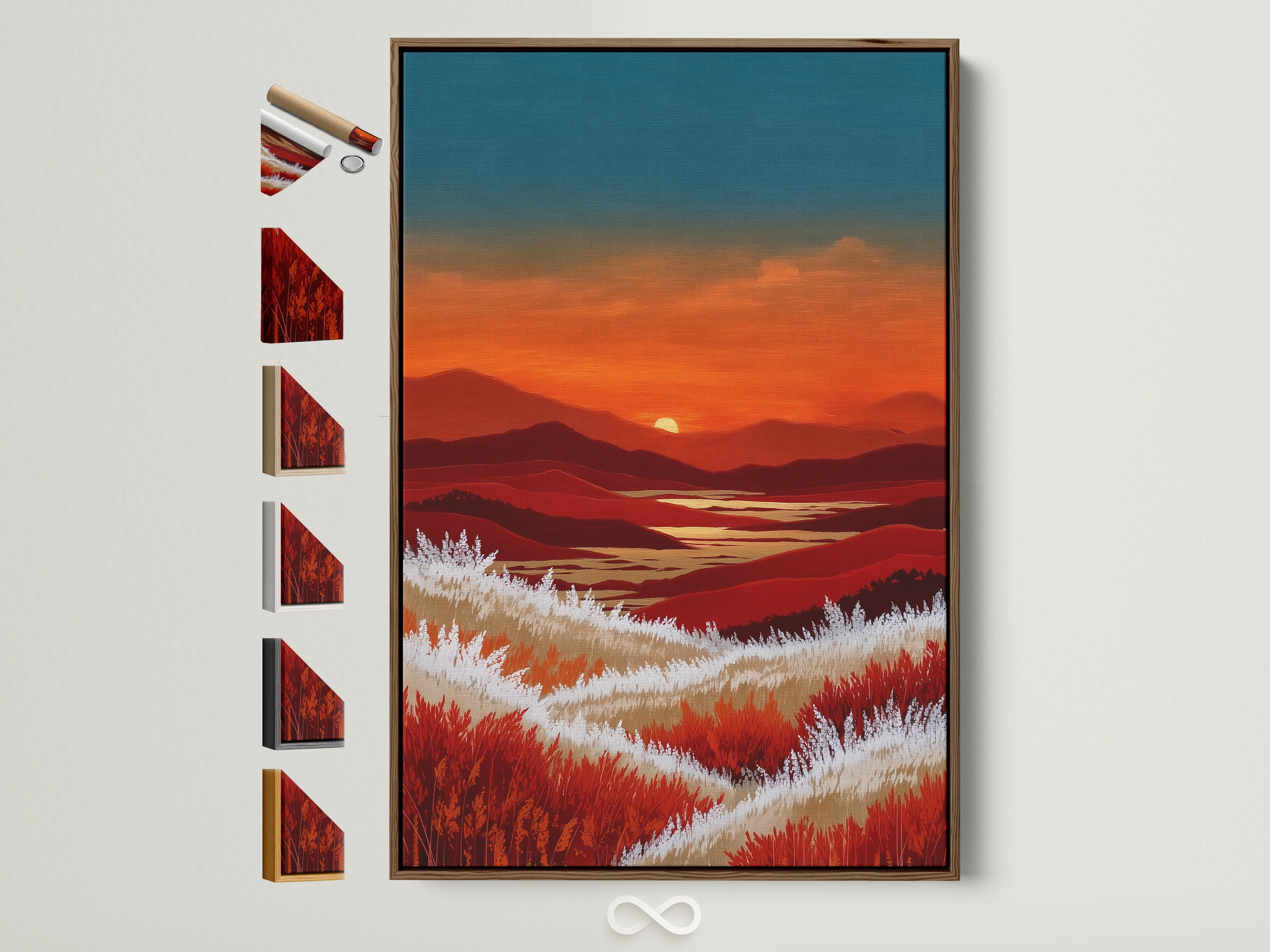 A warm orange and teal mountain sunset artwork is displayed in a brown frame. The artwork is hung on a white wall. Frame options are displayed on the side showcasing choices for customers. This art will bring a sense of rustic elegance to any space. Ideal for living rooms bedrooms and housewarming presents.