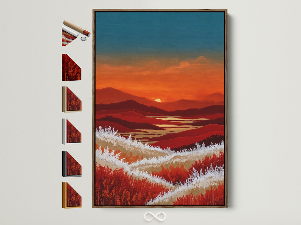 A warm orange and teal mountain sunset artwork is displayed in a brown frame. The artwork is hung on a white wall. Frame options are displayed on the side showcasing choices for customers. This art will bring a sense of rustic elegance to any space. Ideal for living rooms bedrooms and housewarming presents.