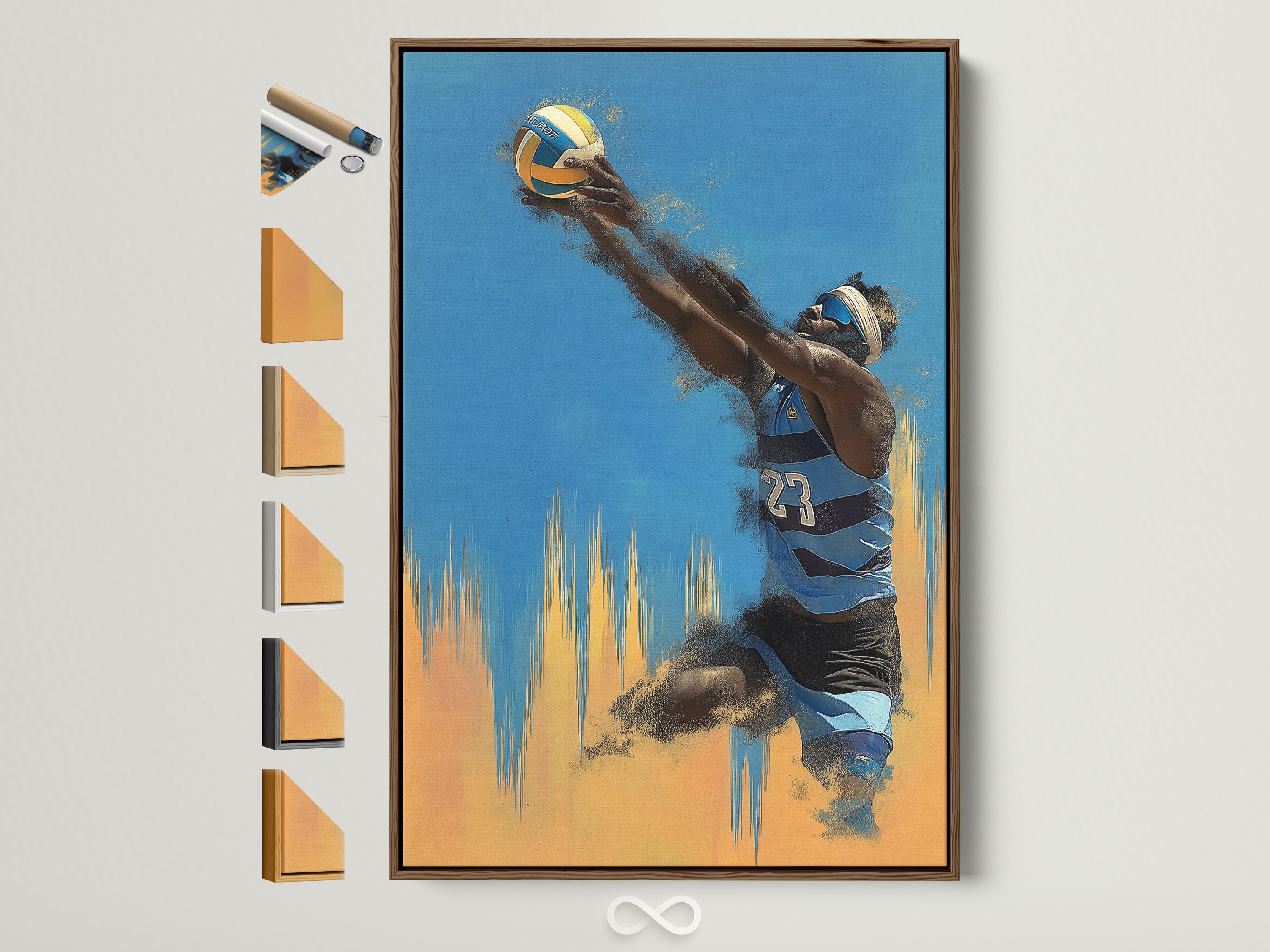 Volleyball Player Artwork with a Brown Frame. A contemporary sports artwork for teen room decor. See all frame options available. Find the perfect frame to match your style and space.
