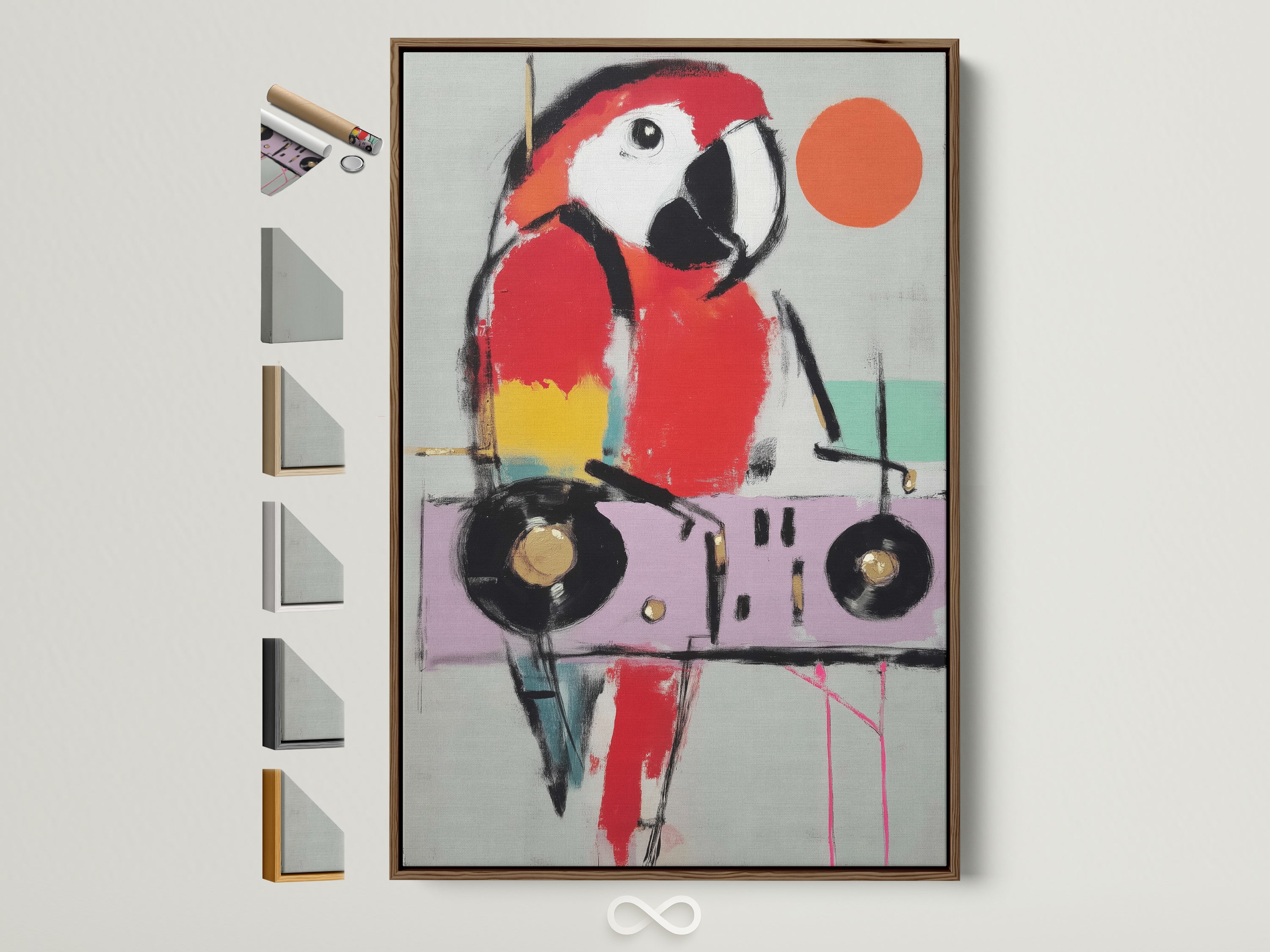 Modern parrot art print in a brown frame hangs on a white wall. The colorful abstract animal artwork adds a vibrant touch. See frame options available on the side. Perfect for playroom decor or a bird lover's gift. Elevate your space with this contemporary artwork.