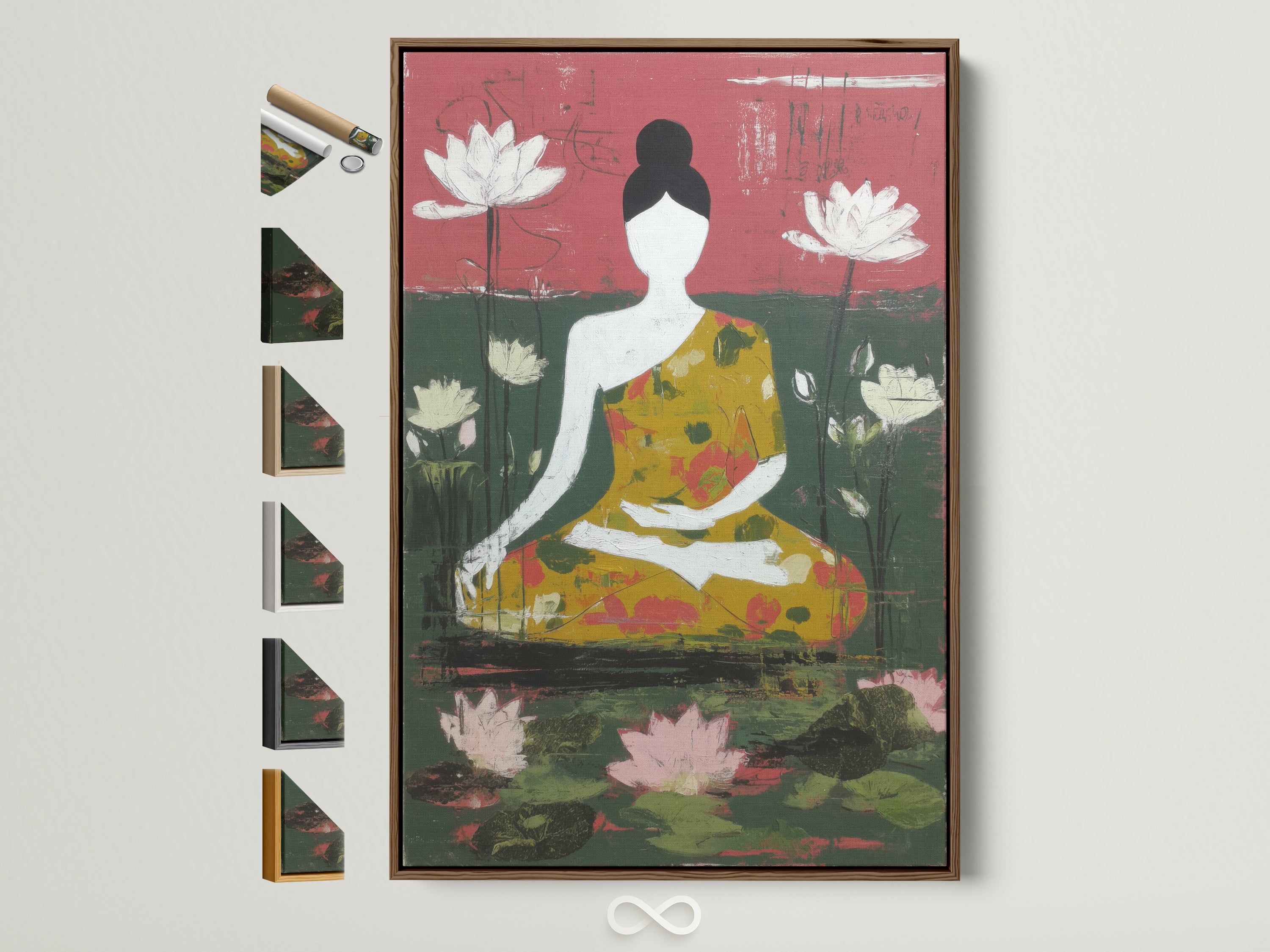 A minimalist meditation art print featuring a serene Buddha figure surrounded by lotus flowers. The artwork is displayed in a brown frame. See all available frame options to find the perfect match for your space. This zen wall decor brings peace to any room yoga studio or wellness center.
