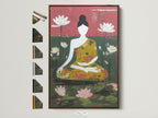 A minimalist meditation art print featuring a serene Buddha figure surrounded by lotus flowers. The artwork is displayed in a brown frame. See all available frame options to find the perfect match for your space. This zen wall decor brings peace to any room yoga studio or wellness center.