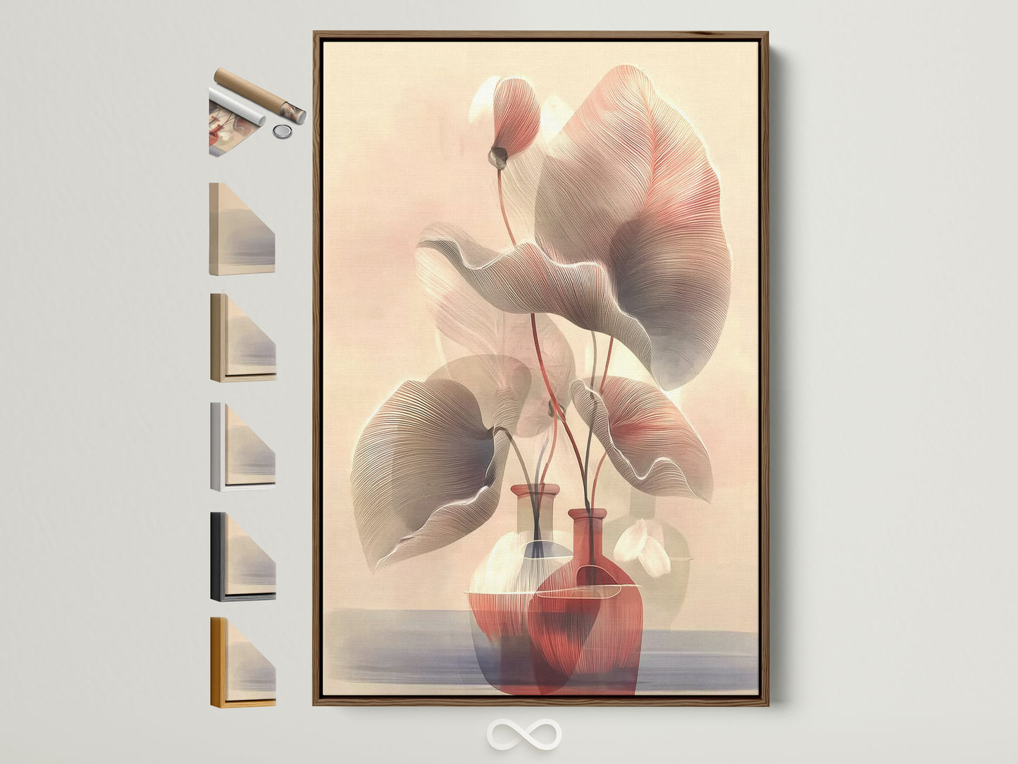 Botanical line art in a brown frame. This Scandinavian artwork features neutral tones. See frame options displayed on the side. This floral canvas complements bedroom wall decor. Perfect for adding a touch of minimalist art to any room. It enhances modern art prints and flower artwork.