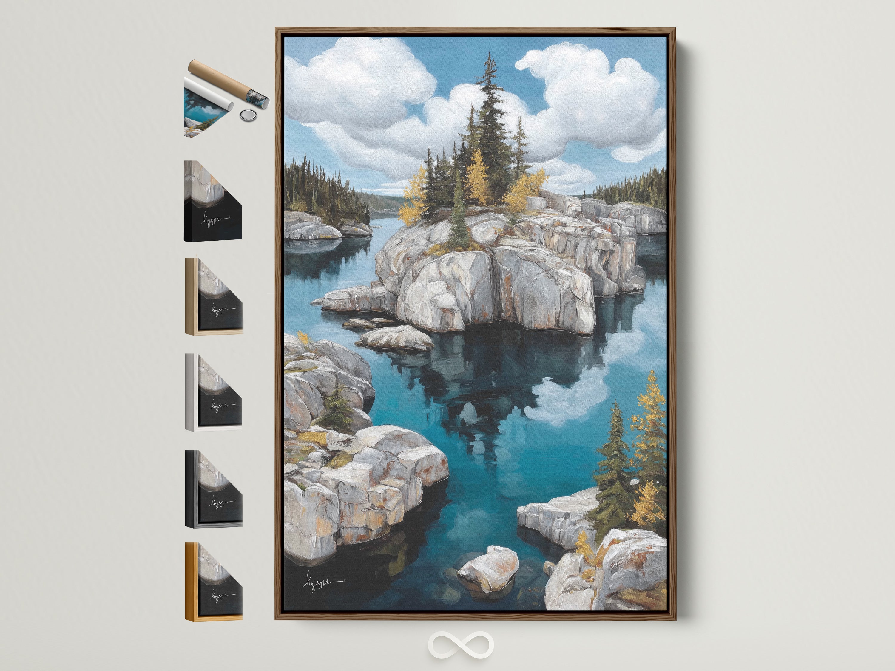 Elevate your space with lake landscape canvas print. The artwork features a rocky island wall art. It is displayed in a brown frame. The frame options are showcased on the side. Perfect for adding tranquil art to your home decor or lake house art collection.