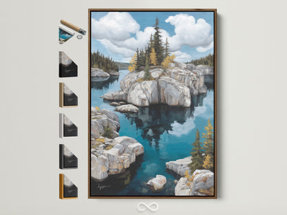 Elevate your space with lake landscape canvas print. The artwork features a rocky island wall art. It is displayed in a brown frame. The frame options are showcased on the side. Perfect for adding tranquil art to your home decor or lake house art collection.
