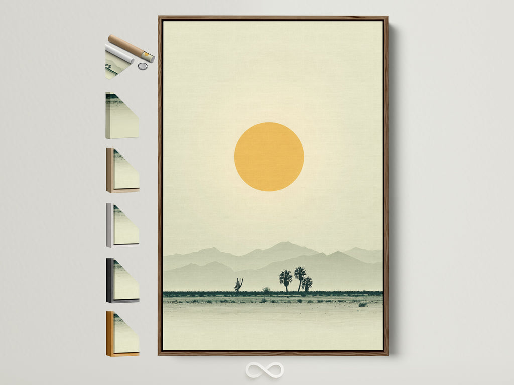 A desert landscape canvas print is showcased in a brown frame. The artwork features warm earth tones. Options for frame colors are displayed. It is minimalist wall art. The print brings southwestern decor to a home office. It creates a calming and inviting atmosphere.