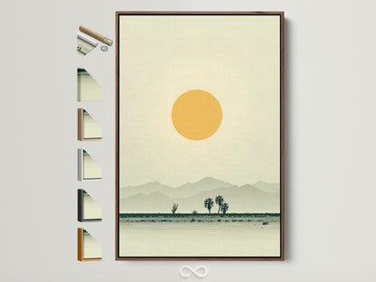 A desert landscape canvas print is showcased in a brown frame. The artwork features warm earth tones. Options for frame colors are displayed. It is minimalist wall art. The print brings southwestern decor to a home office. It creates a calming and inviting atmosphere.