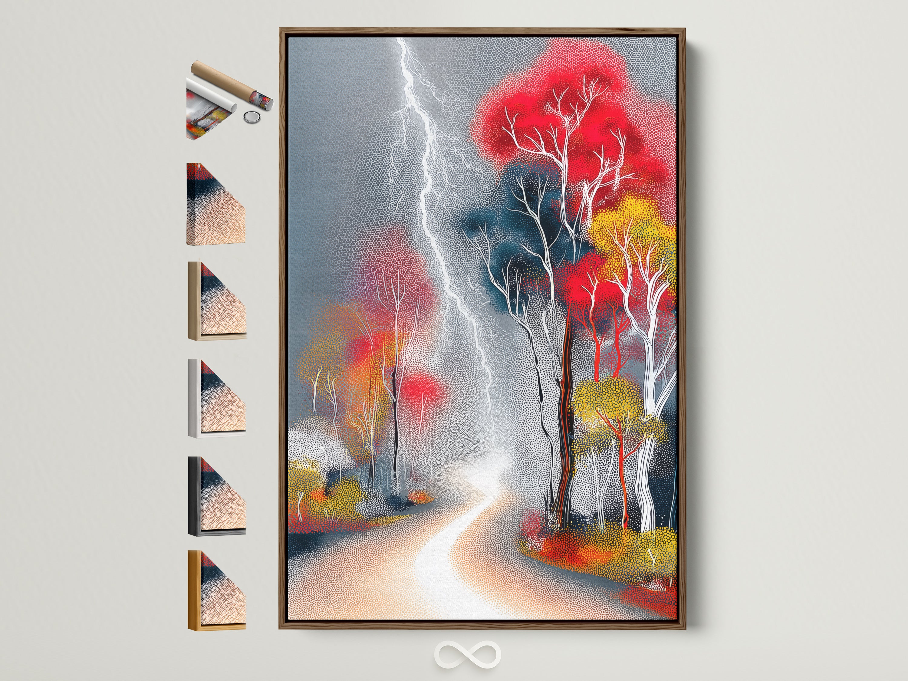 Explore framed 'Lightning Forest' artwork. This artwork features colorful trees and a modern storm. The artwork is encased in a brown frame. Discover various frame options to complement your style. Elevate your space with captivating wall art.