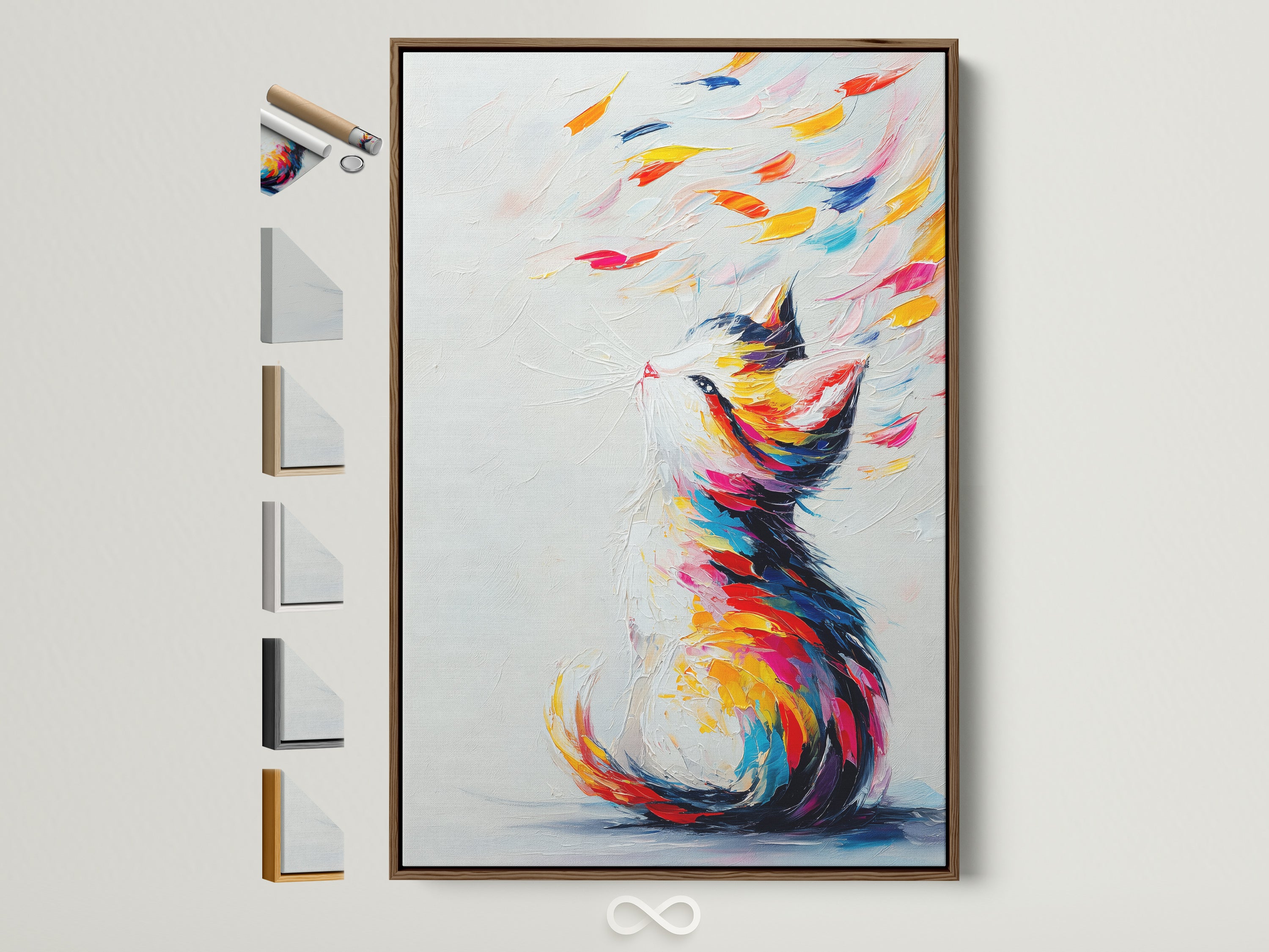 A vibrant colorful cat artwork is displayed in a brown frame. The artwork features an abstract pet in rainbow hues. This fine art print is perfect for adding a playful touch to any room. The frame options are visible on the side. Discover joyful contemporary wall art.