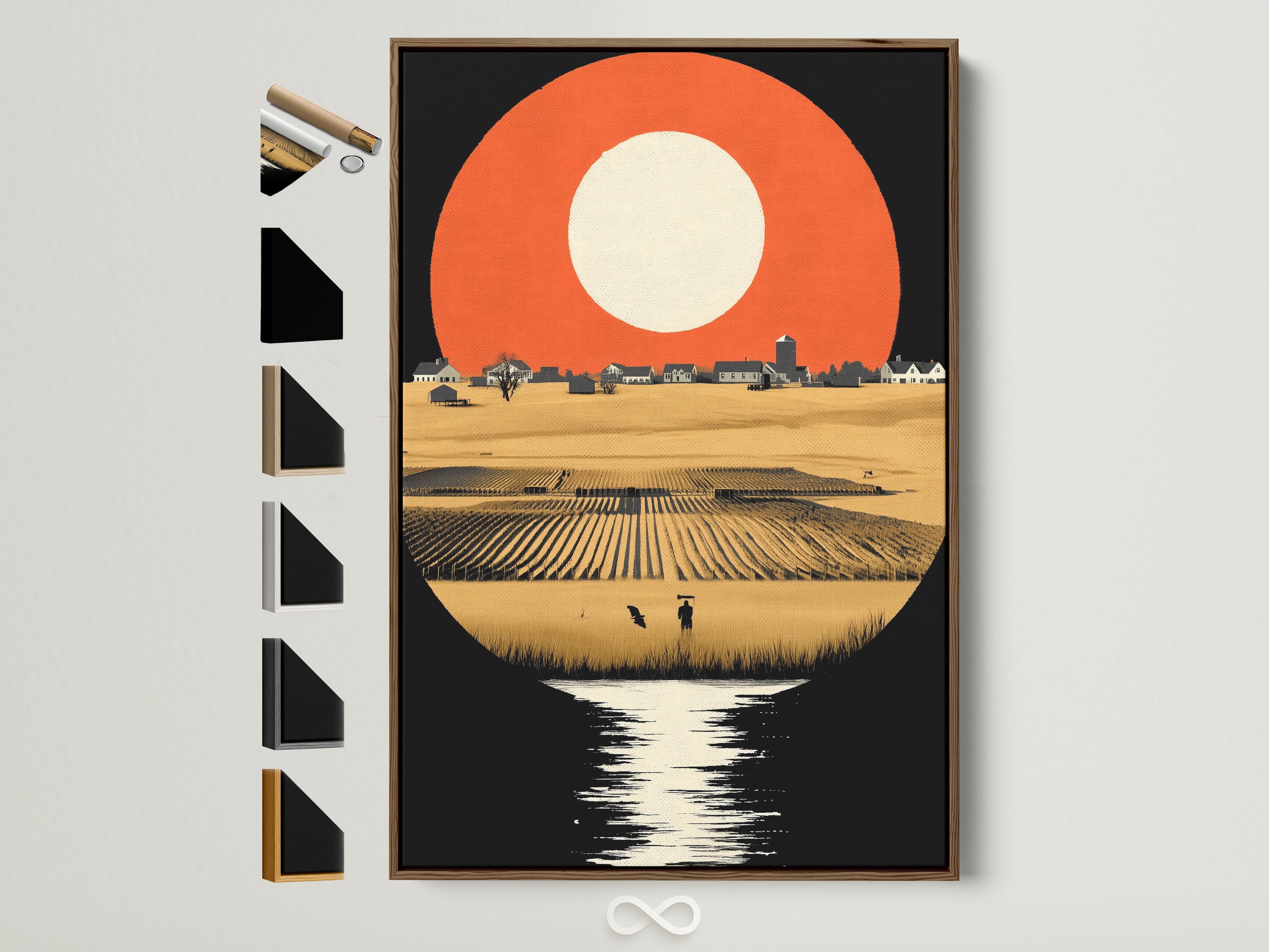 Farm Landscape Artwork with a Brown Frame. This retro countryside wall art features a rustic field. The artwork is showcased with various frame options on the side. Perfect vintage art print for your home decor.