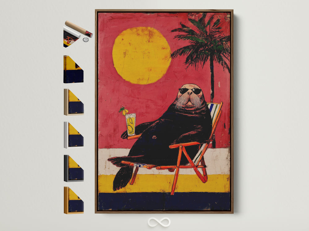 Humorous canvas of a cool seal with a cocktail under a sun