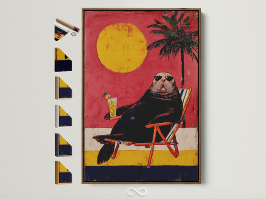 Walrus Beach artwork is showcased in a brown frame. The frame options are visible on the side. Perfect for adding a touch of summer to your space. Explore playful wall decor and retro animal prints for a quirky office art vibe.