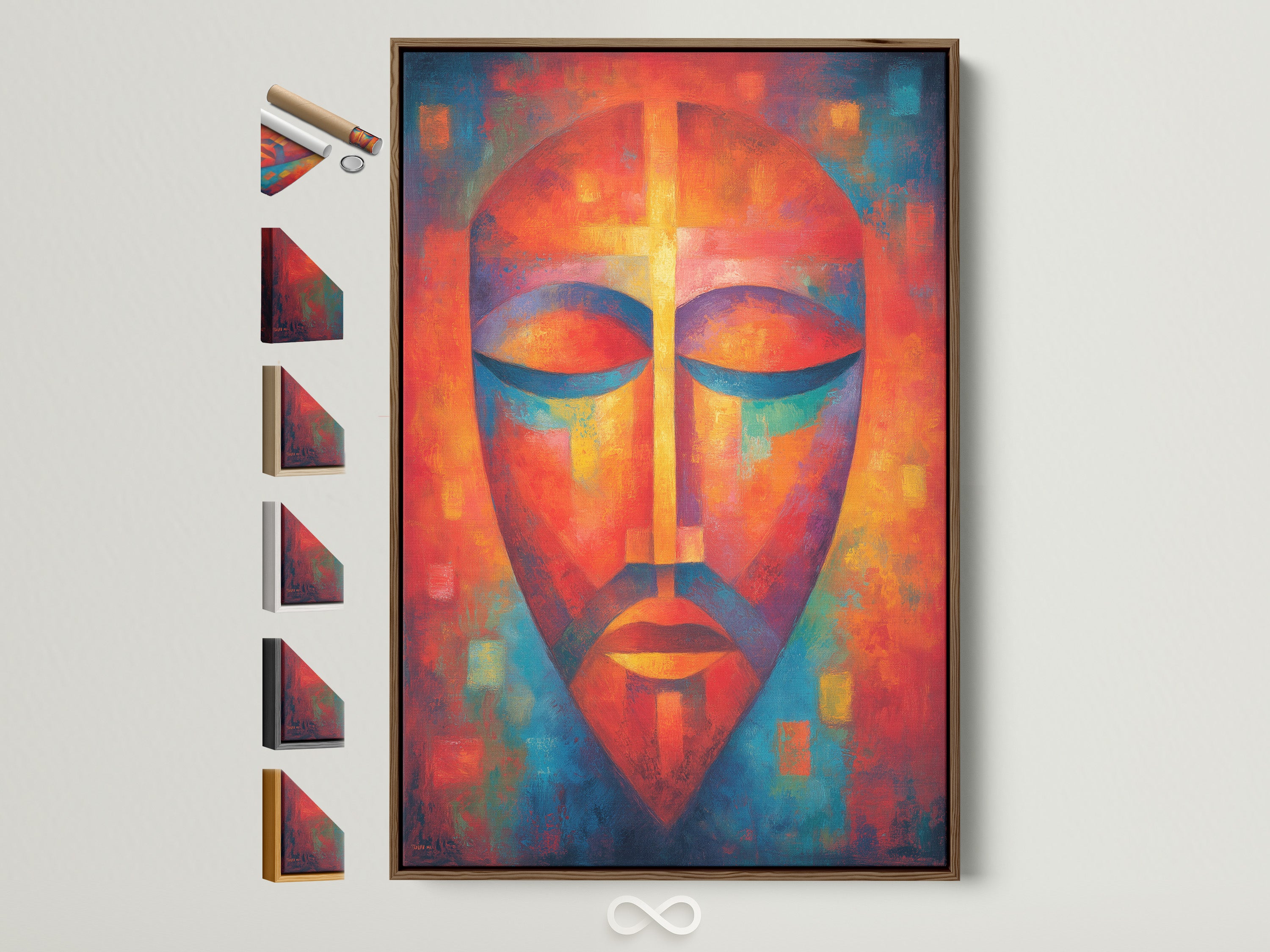 Framed artwork with all frame options displayed. The brown frame highlights an abstract face artwork. A perfect way to showcase your art. Explore various framing styles. Find the ideal match for your artwork and interior aesthetic.