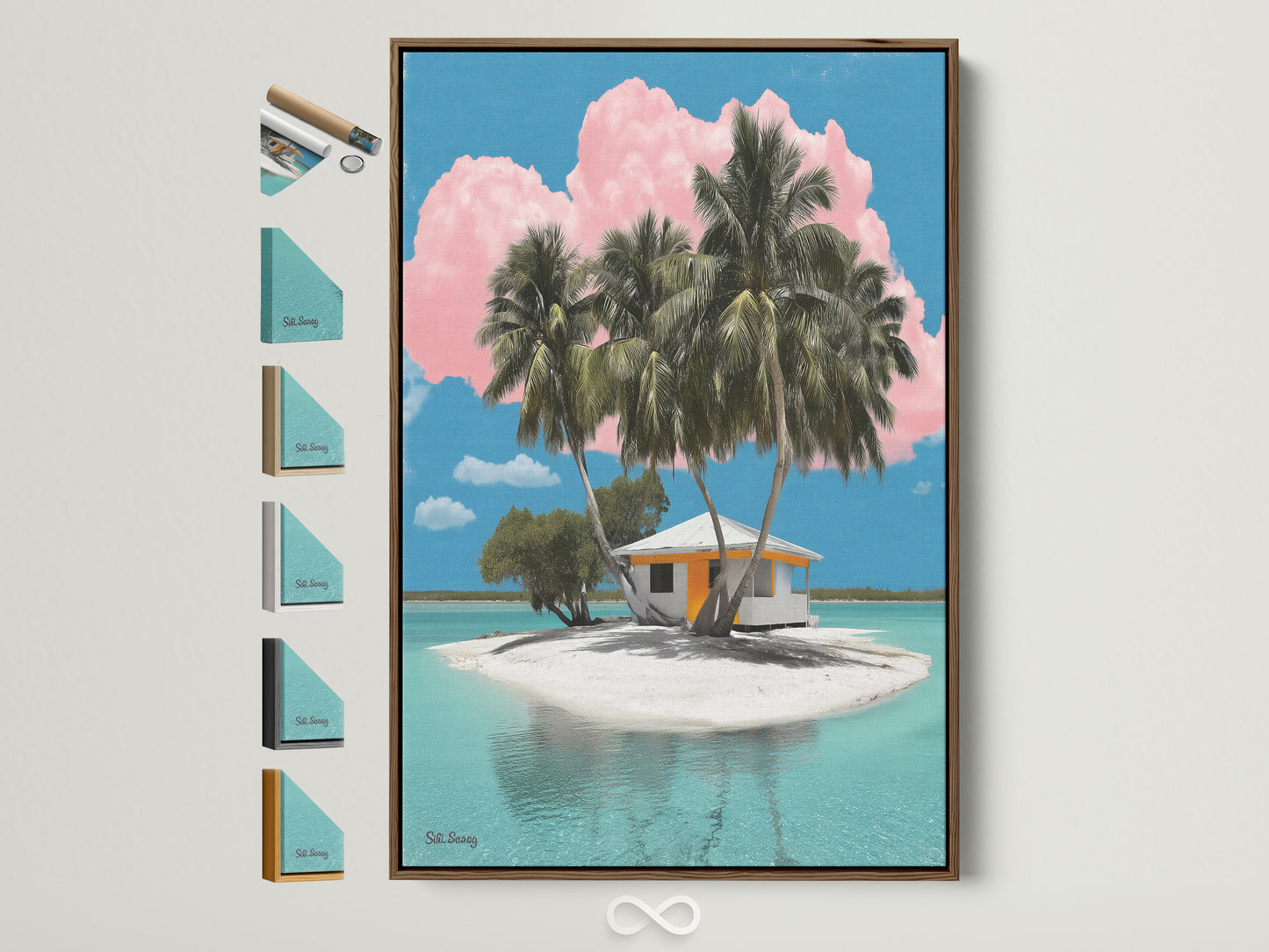 Elevate your space with our framed tropical island artwork. This brown frame beautifully showcases a serene island scene. It features palm trees a beach house and turquoise waters. Discover frame options to perfectly complement your coastal artwork vision.