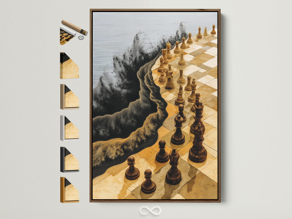 Elevate your space with this chess board canvas print. It features a brown frame. View all available frame options to perfectly match your modern artwork to your interior decor. Find the ideal strategy artwork for your office or home today