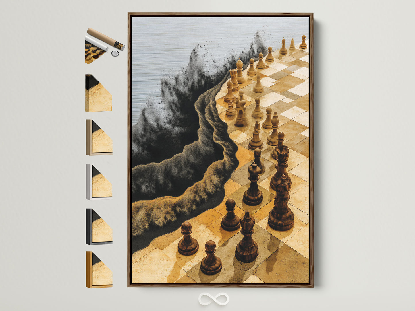 Elevate your space with this chess board canvas print. It features a brown frame. View all available frame options to perfectly match your modern artwork to your interior decor. Find the ideal strategy artwork for your office or home today