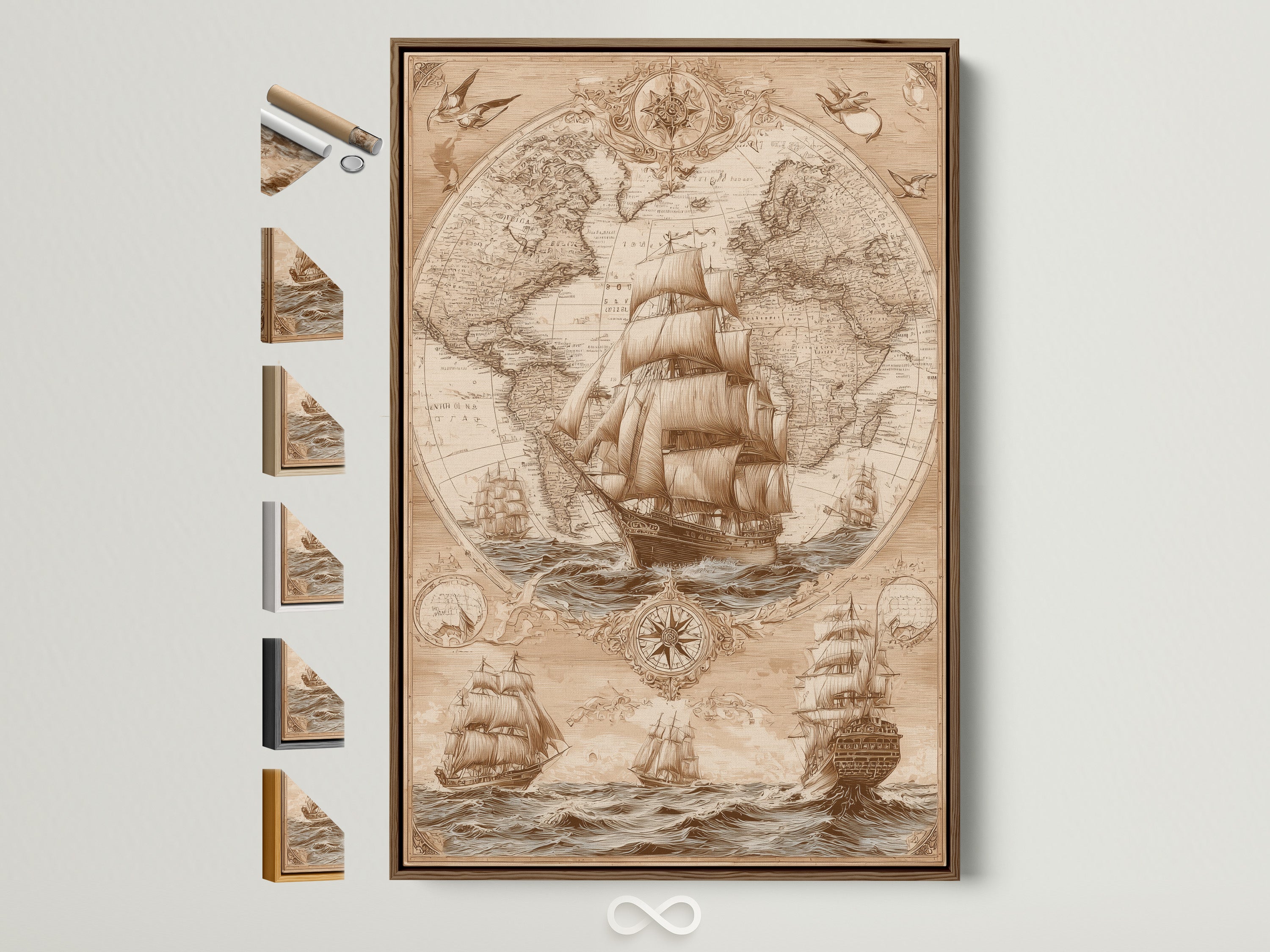 Framed artwork featuring a vintage ship and world map displayed on a wall. The brown frame complements various frame options shown beside it. Enhance your space with historical nautical art. Discover framed art prints perfect for home decor. Explore our selection now to find your ideal piece