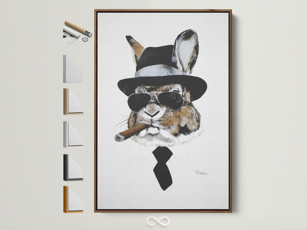 Gentleman Rabbit artwork in a brown frame. This dapper bunny wall art adds a touch of whimsy to any room. All frame options are displayed. Perfect for office study or home decor. The artwork is contemporary in style. The primary color is brown. The secondary color is black.