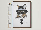 Gentleman Rabbit artwork in a brown frame. This dapper bunny wall art adds a touch of whimsy to any room. All frame options are displayed. Perfect for office study or home decor. The artwork is contemporary in style. The primary color is brown. The secondary color is black.