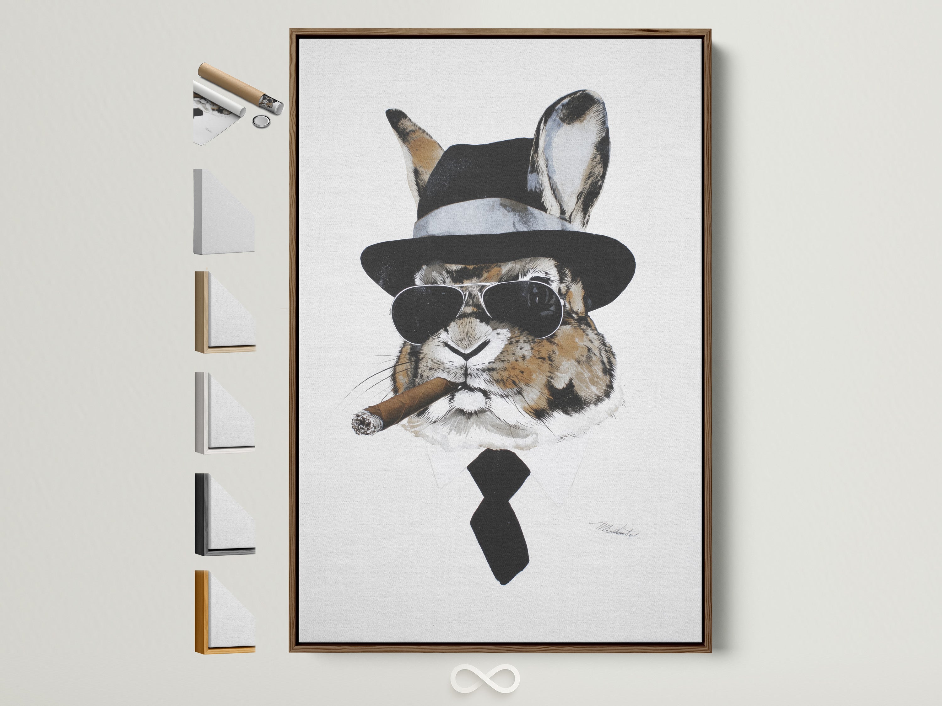 Gentleman Rabbit artwork in a brown frame. This dapper bunny wall art adds a touch of whimsy to any room. All frame options are displayed. Perfect for office study or home decor. The artwork is contemporary in style. The primary color is brown. The secondary color is black.