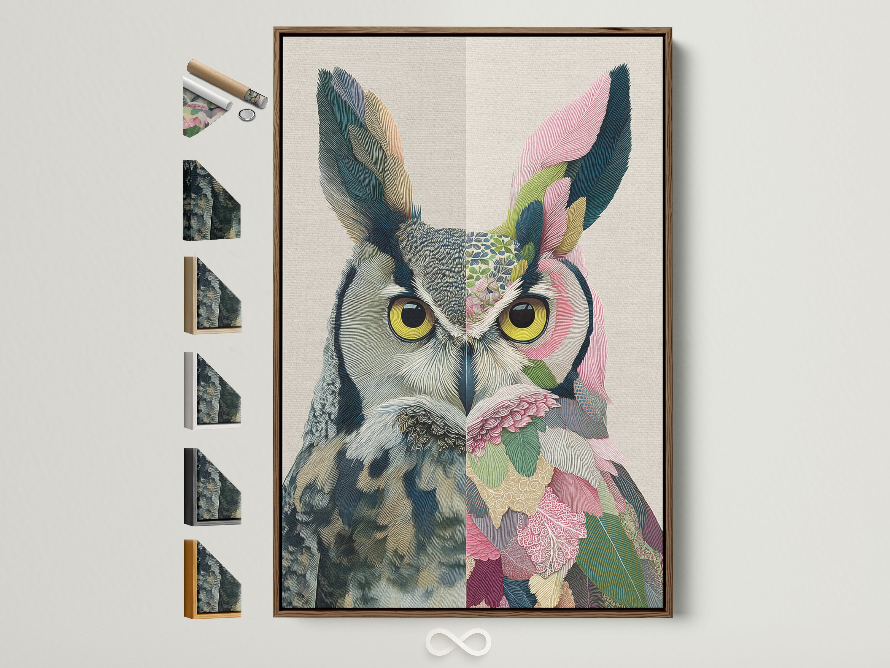 Colorful owl artwork in a brown frame. The artwork is displayed with various frame options. Find the perfect frame to complement this whimsical bird wall art. Ideal for eclectic decor lovers.