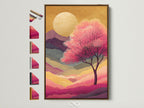 Japanese Cherry Blossom artwork in a brown frame. All frame options are showcased. This art features a pink sunset mountain landscape. Perfect Zen wall art for bedroom decor. A serene addition to any space.
